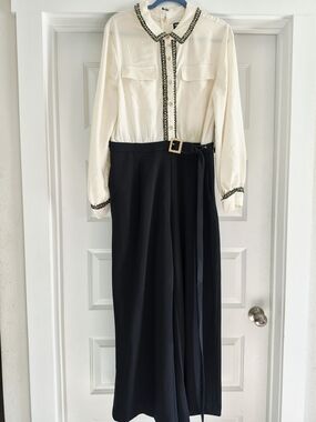 Karl Lagerfeld Cream and Black Wide-Leg Jumpsuit with Embellished Trim
